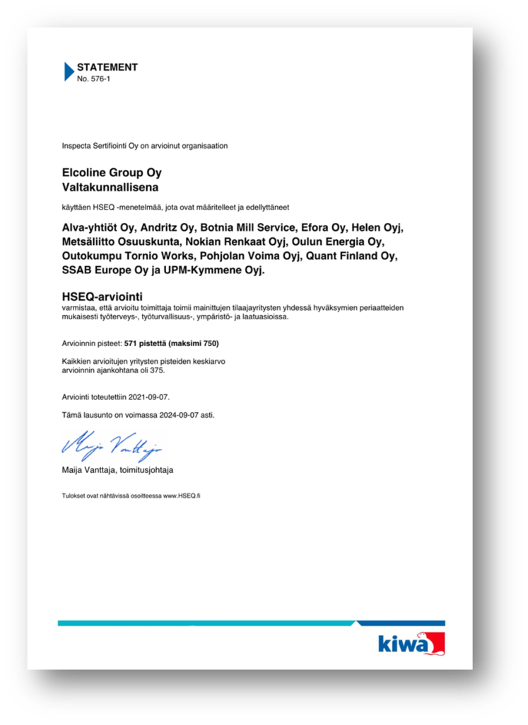 Kiwa HSEQ-sertifikaatti Elcoline